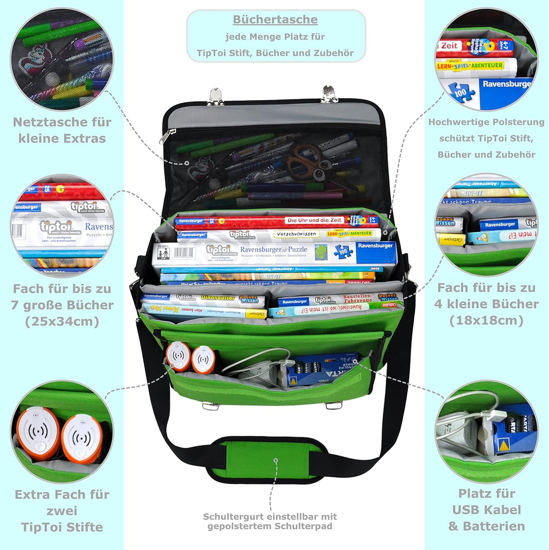 PUNALU TipToi Tasche, Tasche für TipToi Stift & TipToi Bücher, Büchertasche mit Platz für 2 Stifte u
