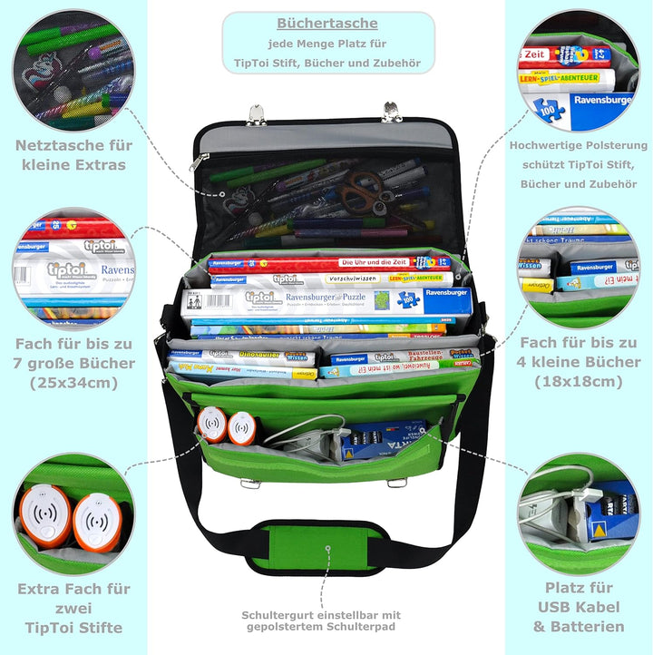 PUNALU TipToi Tasche, Tasche für TipToi Stift & TipToi Bücher, Büchertasche mit Platz für 2 Stifte u