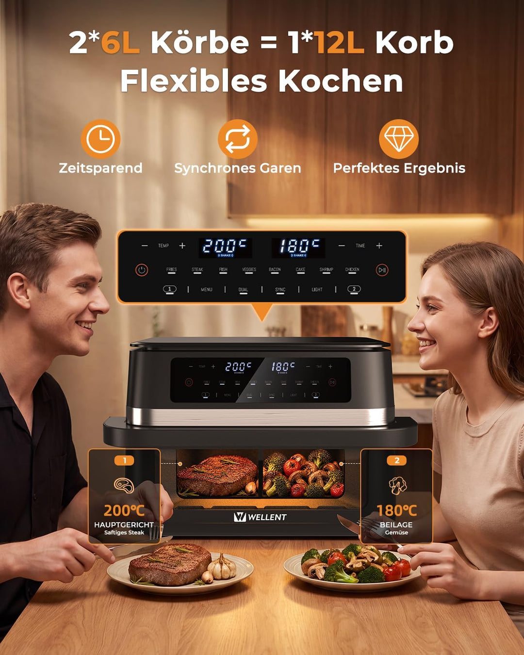 WELLENT 12L XXL Heissluftfritteuse 2950W, 8-in-1 Airfryer 2 Kammern(6+6L), Heissluftfritteuse Doppel