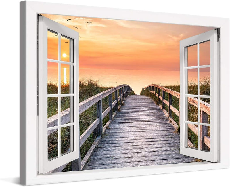 PICANOVA – Bild auf Leinwand Holzweg zum Meer Fenster 120x80cm – Leinwandbild – Premium Leinwanddruc