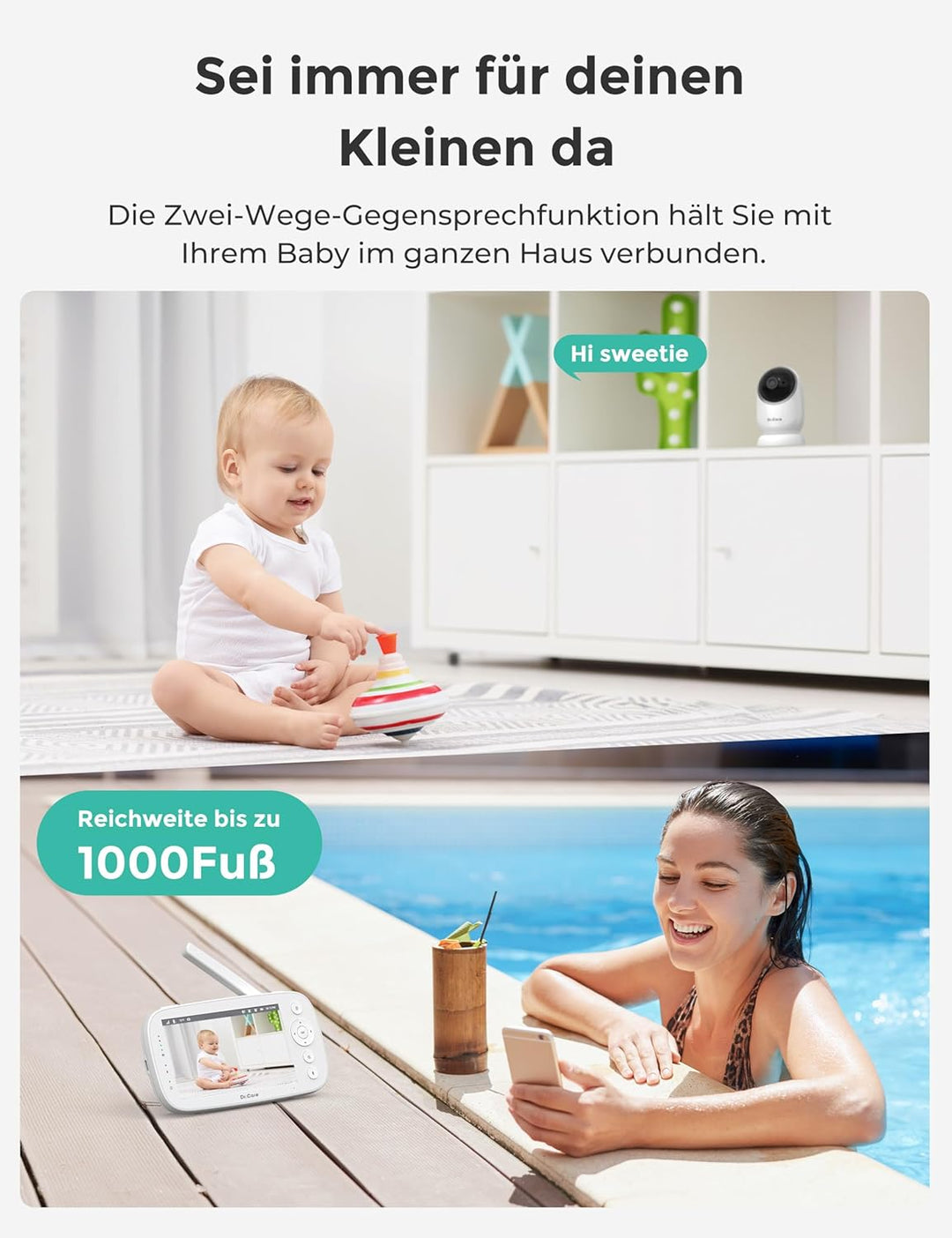 Dr.Care NovaView Pro Babyphone mit Bewegungserkennung - Ohne WiFi, 5" 1080P Display, 5000mAh Batteri