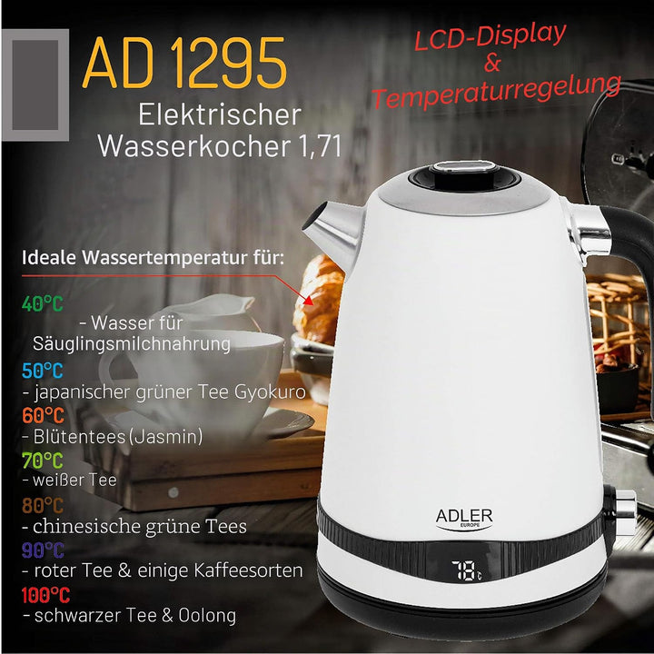 Adler AD 1295w Wasserkocher weiss seidenmatt 1,7 Liter mit LCD-Anzeige und Temperaturregelung 2200W