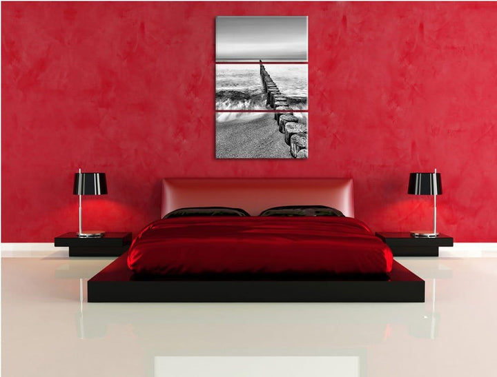 Pixxprint Wellenbrecher im Meer als Leinwandbild/Grösse: 3 Teilig (120x80) cm/Wandbild/Kunstdruck/fe