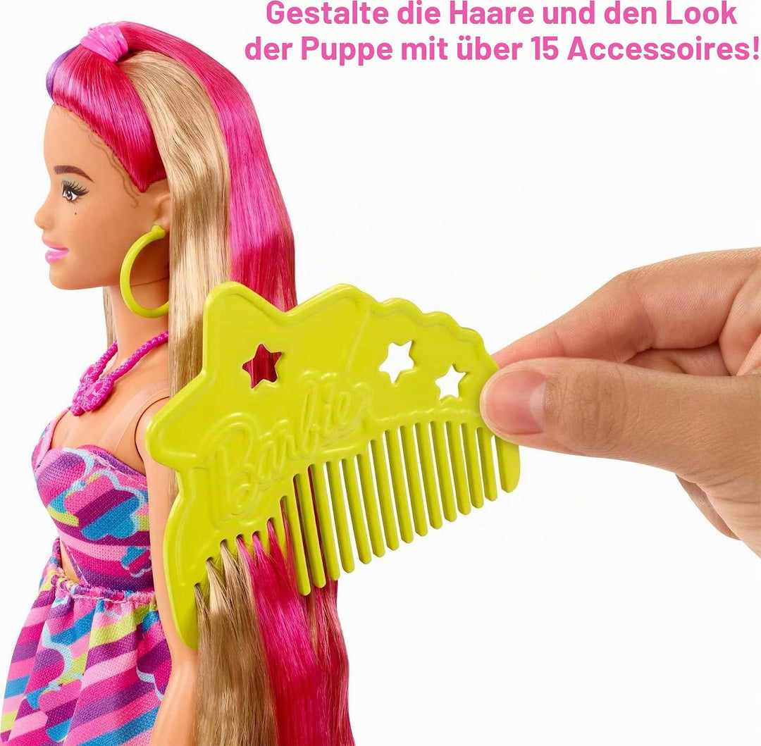 Barbie HCM89 - Totally Hair Puppe (Blond/Bunte Haare) im Blumen Print Kleid mit 15 Zubehör Teilen fü