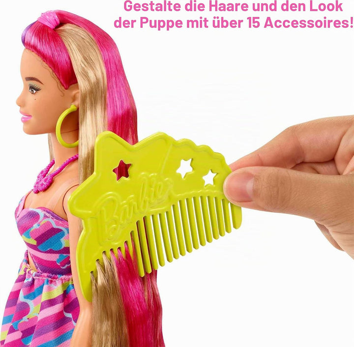 Barbie HCM89 - Totally Hair Puppe (Blond/Bunte Haare) im Blumen Print Kleid mit 15 Zubehör Teilen fü