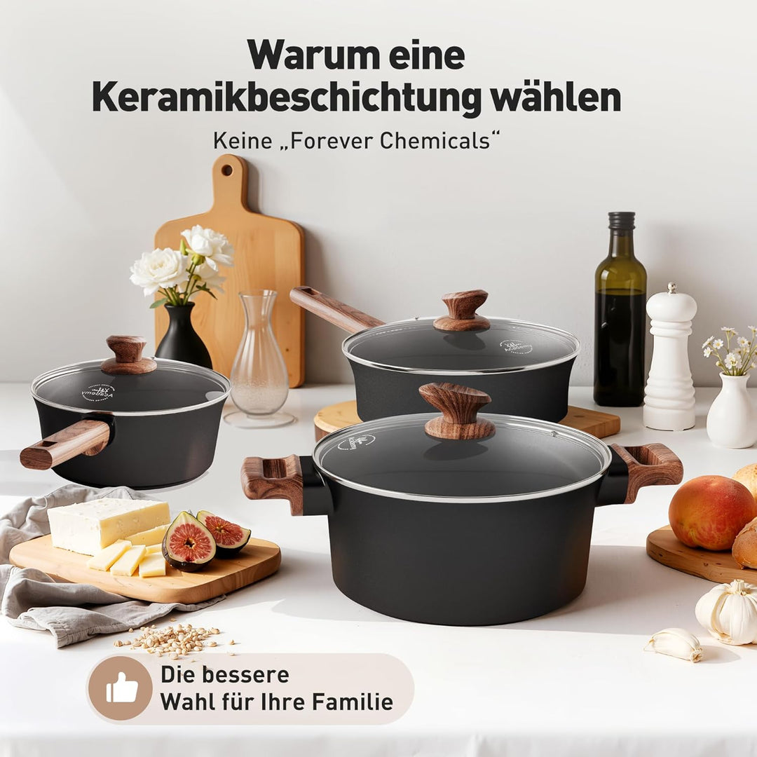 Kitchen Academy Antihaft Topfset Induktion mit Glasdeckel Töpfe und Pfannen Sets Keramik,Kochtopf Se