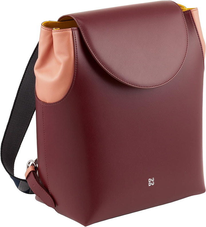 DuDu Damen-Multifunktions-Freizeitrucksack Made in Italy aus weichem Nappaleder mit Klappe Burgundy,