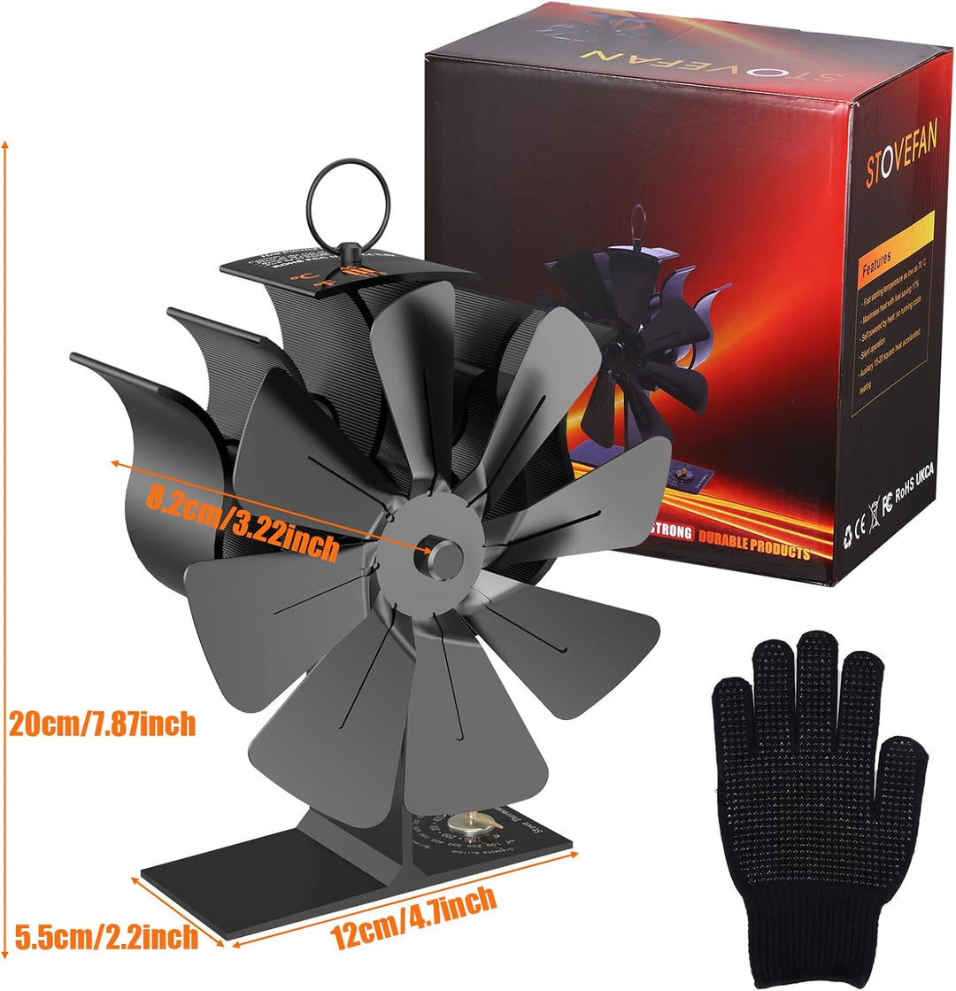 Kaminventilator, 8 Flügel Ofenventilator Ohne Strom, Ventilator für Kaminofen Leiser Betrieb, Holzof