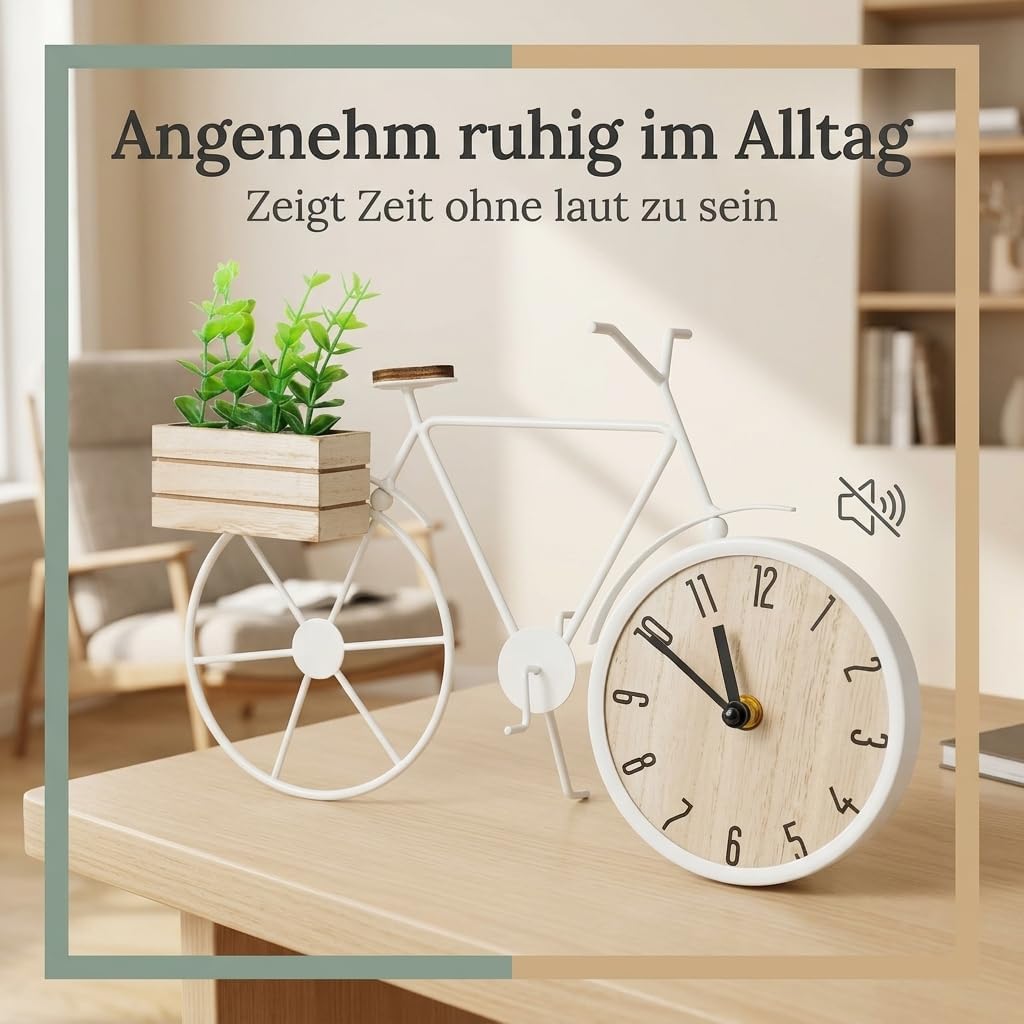 MIJOMA Tischuhr Fahrrad 34 x 24 cm – Metallrahmen mit Holzbox und Deko-Pflanze – analoges Zifferblat