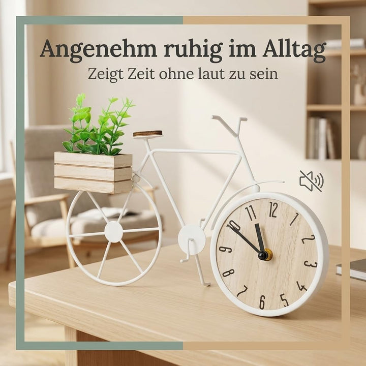 MIJOMA Tischuhr Fahrrad 34 x 24 cm – Metallrahmen mit Holzbox und Deko-Pflanze – analoges Zifferblat