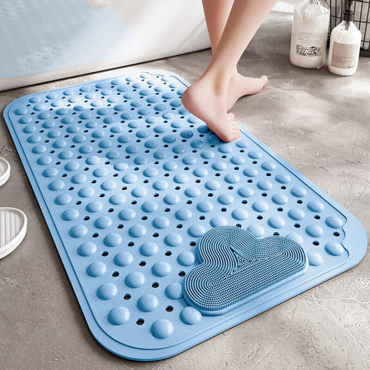 Duschmatte rutschfest 90x60cm,Antirutschmatte Dusche aus TPE,Blau | mit Fussbürsten-Zone,mit Saugnäp