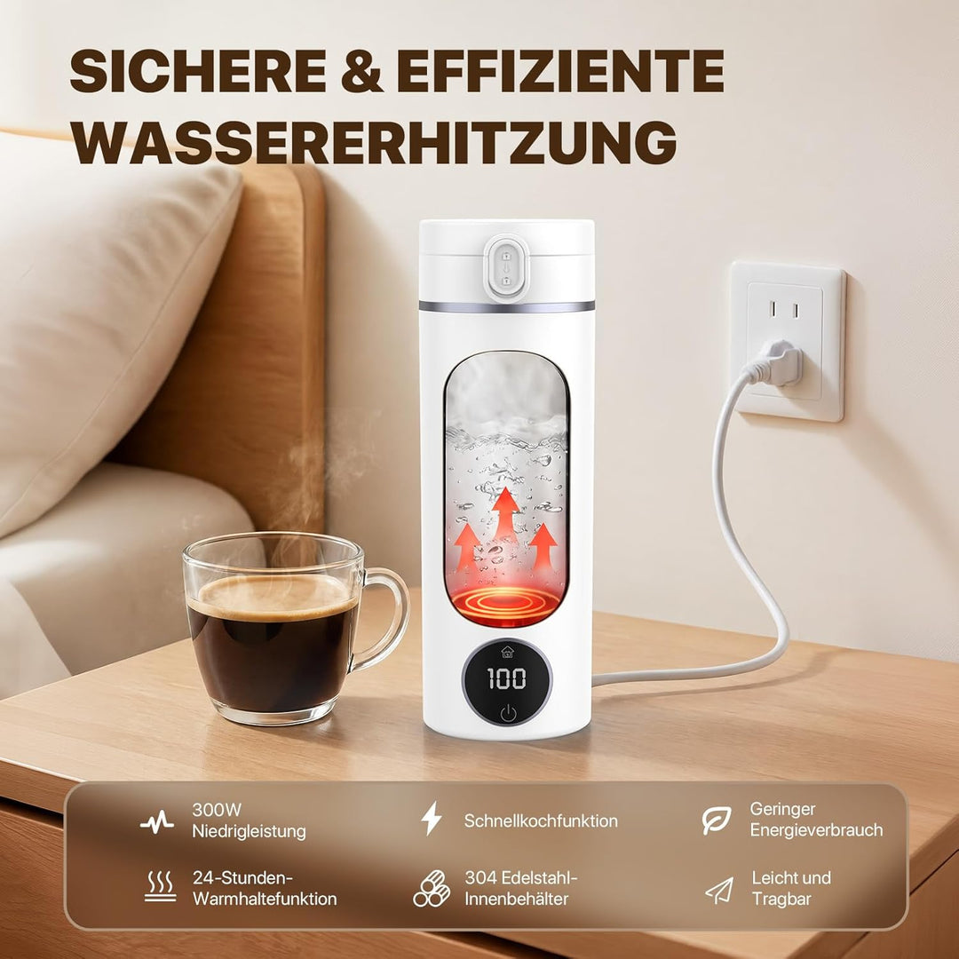 Reise Wasserkocher Klein, 450ML Mini Wasserkocher Tragbarer mit 6 Temperaturstufen, Heizung Automati