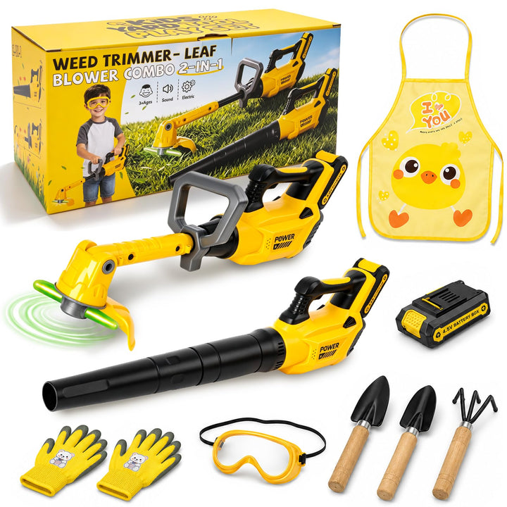 2 in 1 Kinder Rasenmäher mit Geräusch und Licht, Gartenspielzeug | mit Laubbläser, Schürze, Handschu