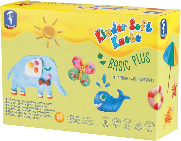 Feuchtmann KINDER SOFT KNETE Basic Plus - 6 x 150g weiche Kinderknete mit Zubehör, ungiftig, vegan u