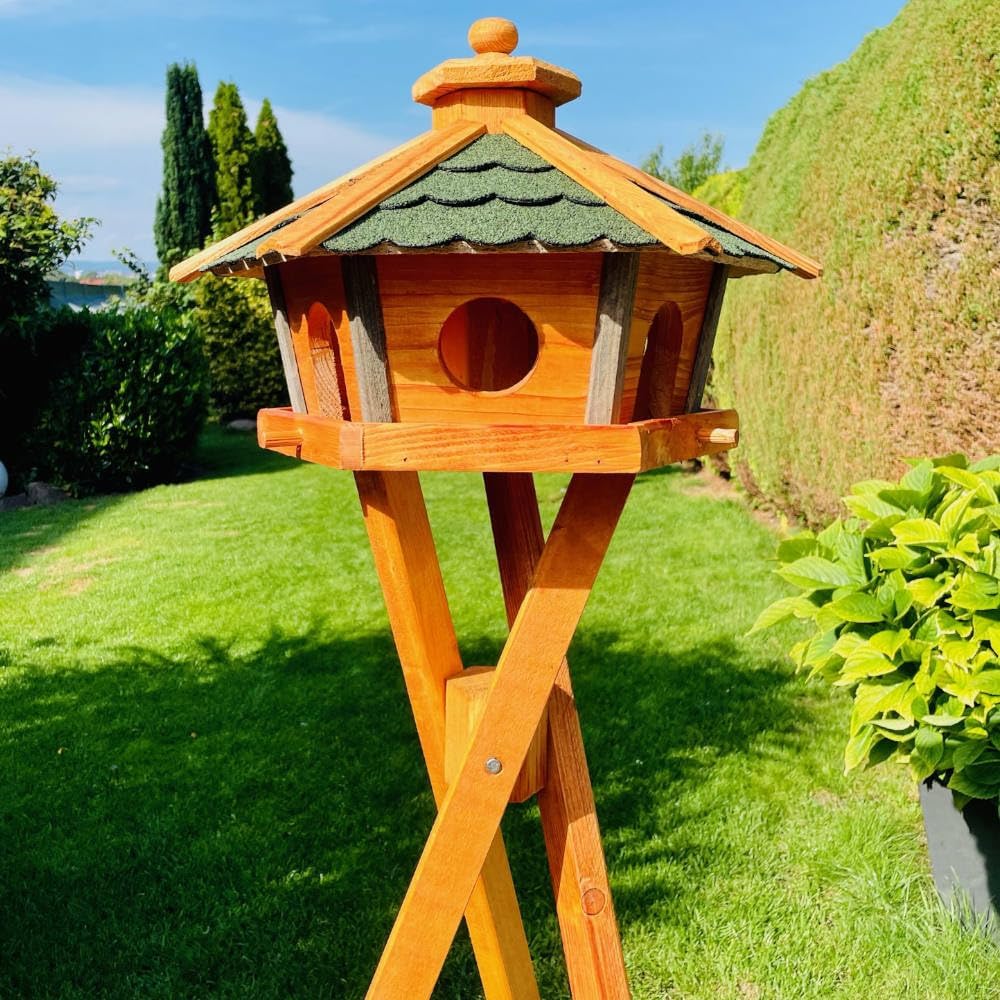 Vogel Futter Haus L oder XL Sechseck Holz Vogelhaus Futterstelle Braun/Blau, Rot, Schwarz und Grün (