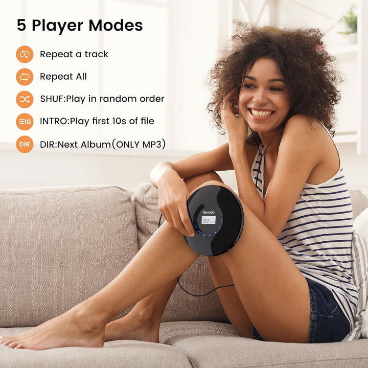 Hernido Tragbarer CD-Player mit Kopfhörer, CD-Player mit wiederaufladbarem Akku, Kompakter CD-Walkma