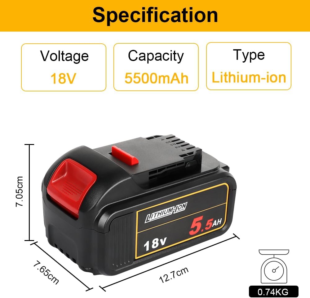 Powarobor DCB184 18V 5,5Ah Li-Ion Ersatz Akku kompatibel mit Dewalt 18Volt Akkus Maschinen mit LED L