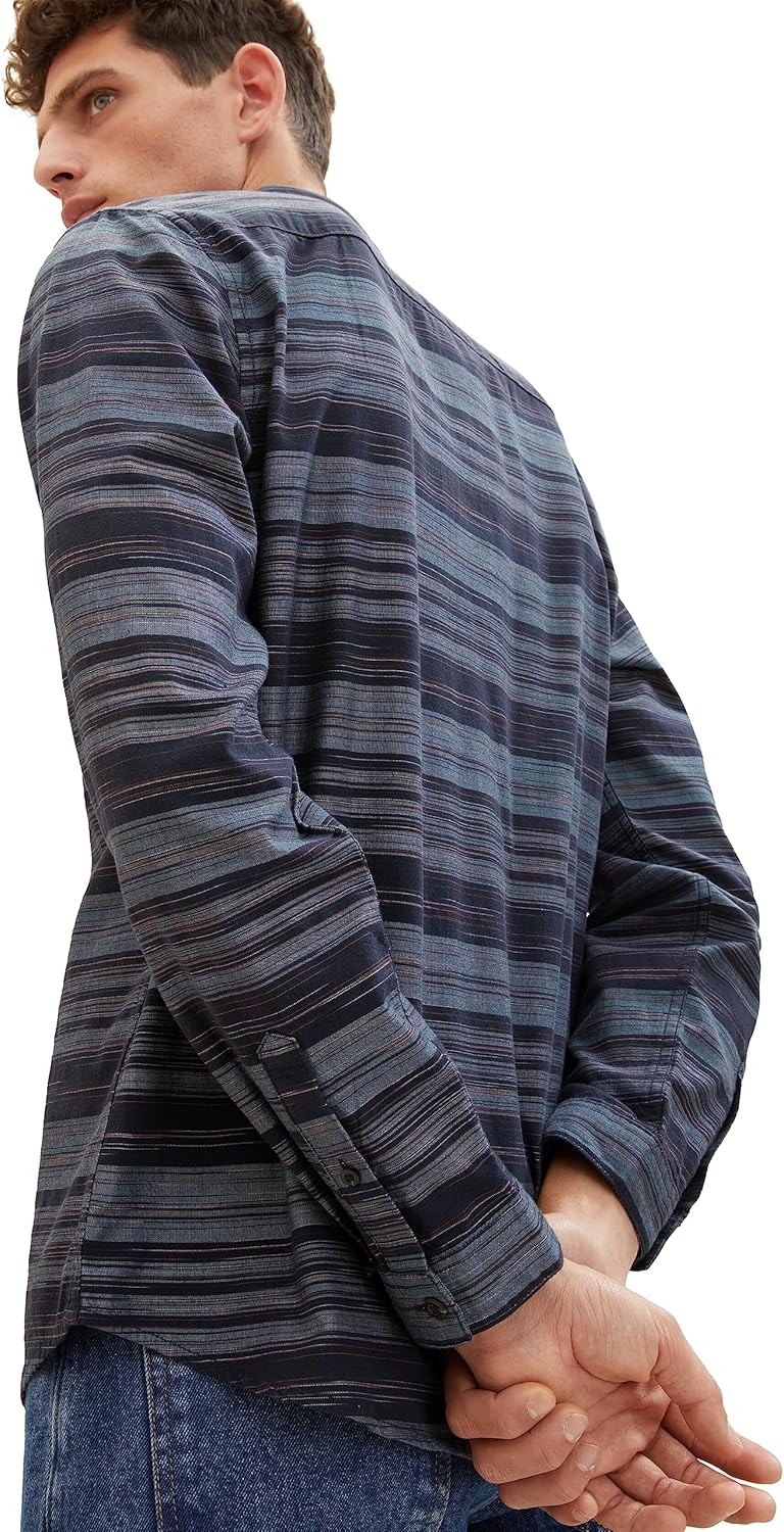 TOM TAILOR Herren Regular Fit Chambray Hemd aus Baumwolle, 32282 - Navy Irregular Cross Stripe