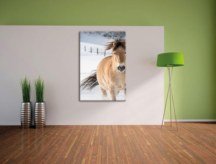 Pferd im Schnee, Format: 100x70 auf Leinwand, XXL riesige Bilder fertig gerahmt mit Keilrahmen, Kuns