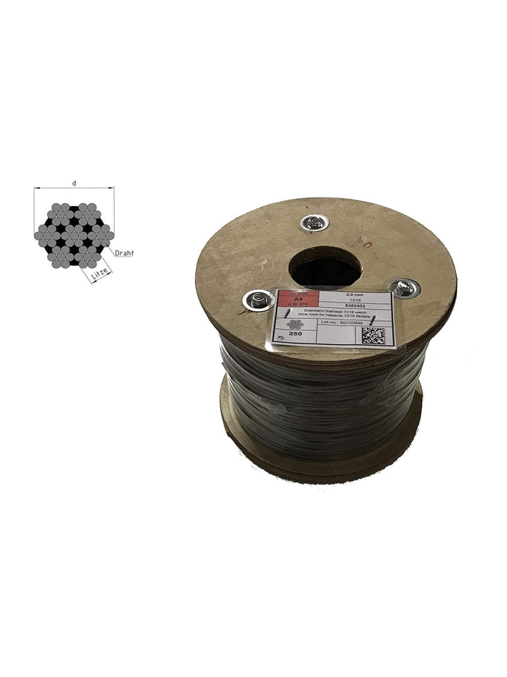 Drahtseil 2,5mm 50 Meter Geländerseil Edelstahl 7X7 EN 1.4401 mittelweich A4 NIRO, Nirosta 50 Meter