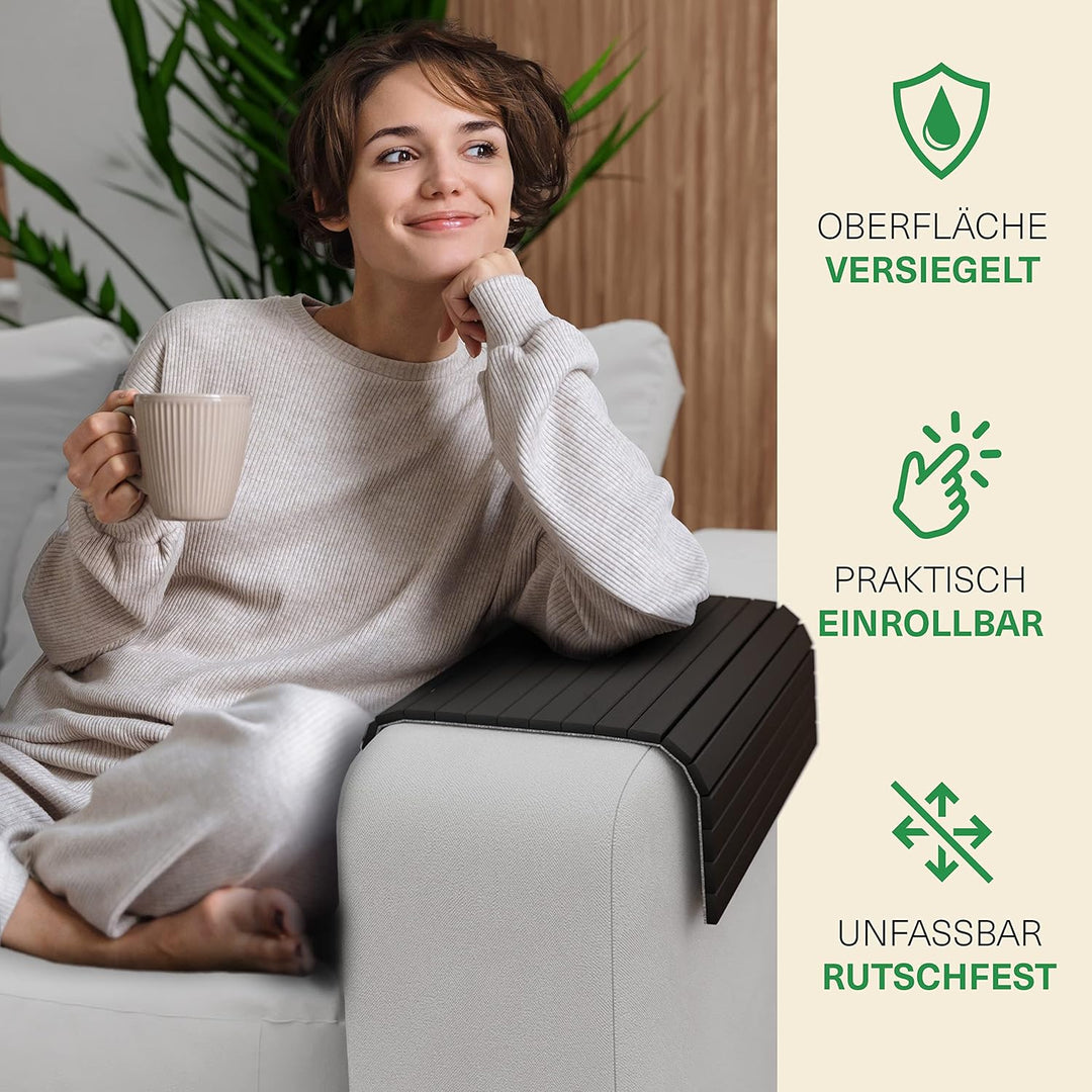 Green'n'Modern Sofatablett rutschfest - Holz Bambus Getränkehalter Armlehne | Couch Tablett flexibel