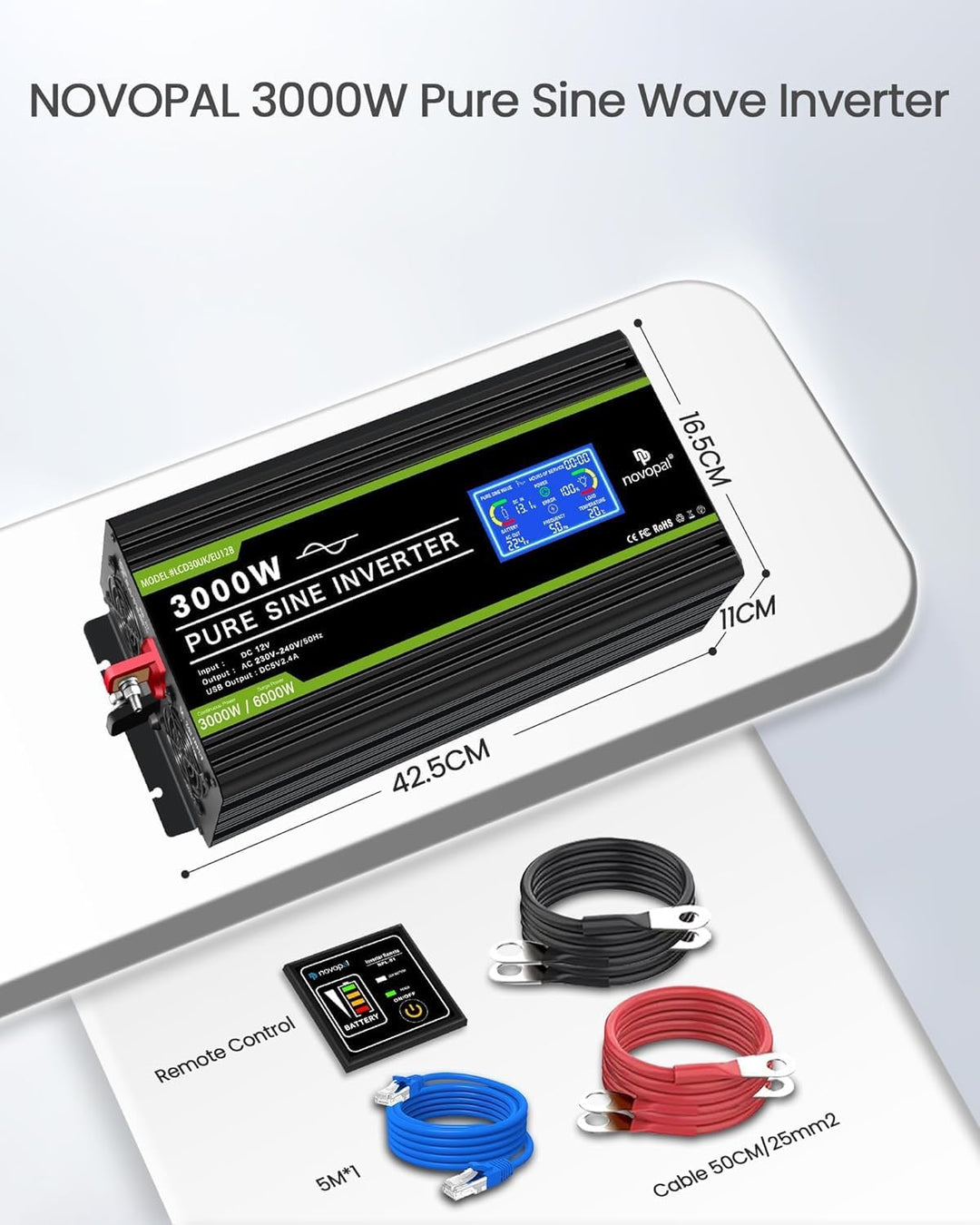 NOVOPAL 3000W Kfz Wechselrichter Spannungswandler 12v 230v Reiner Sinus mit LCD-Display und USB-Ansc