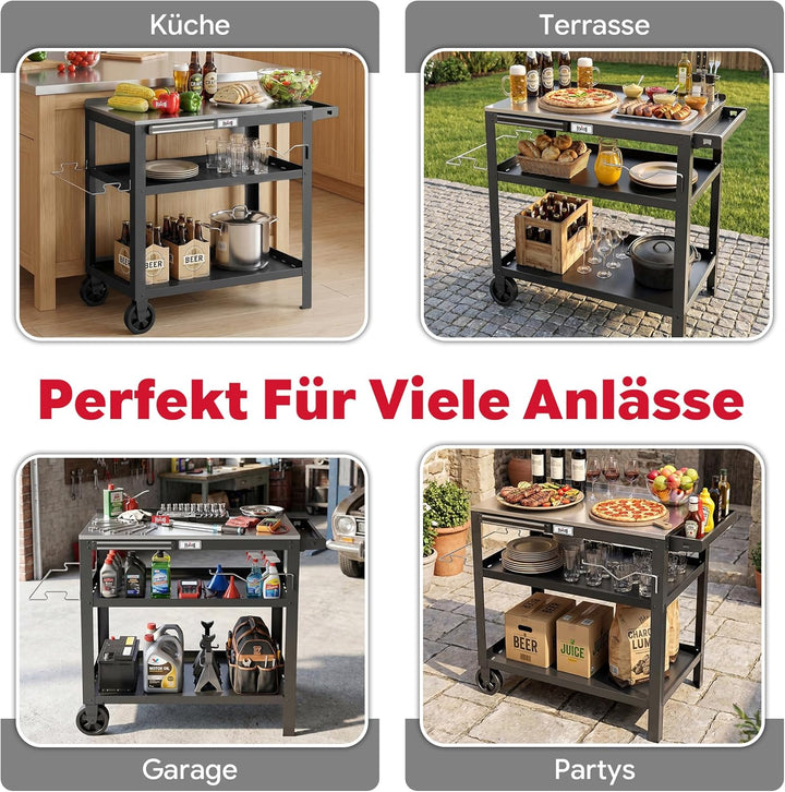 Feasto 3 Etagen Grillwagen mit Edelstahlplatte, Mobile Grilltisch mit Gewürzregal & Magnetleiste, Ou