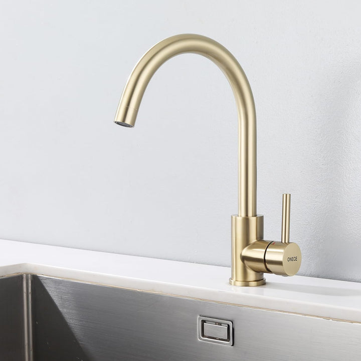 ONECE Gold matt Küchenarmatur mit 360° drehbar Auslauf, Hochdruck Wasserhahn Küche Spültischarmatur