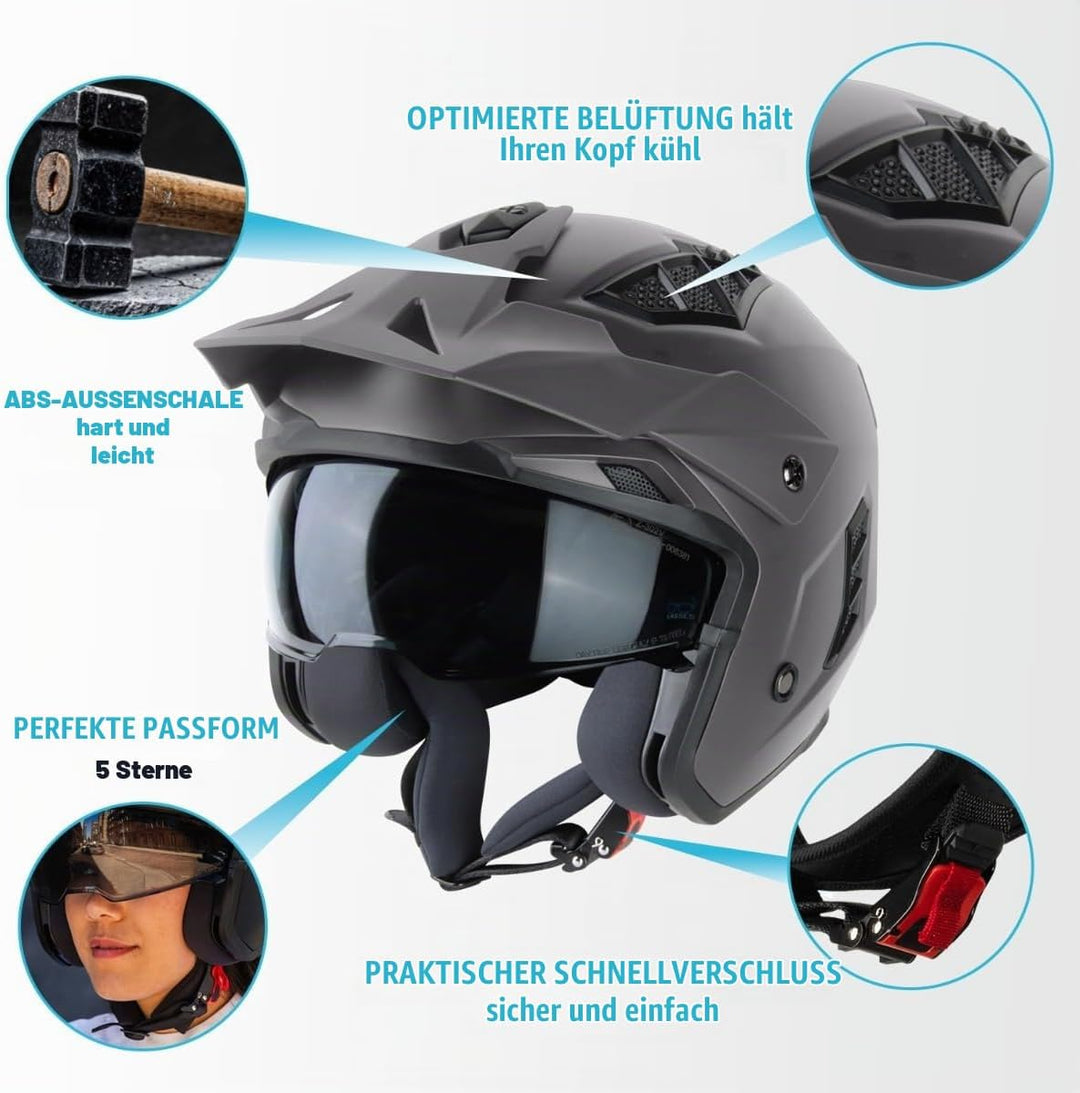 VINZ Kioto Jethelm / Streetfighter Helm | ECE 22.06 zugelassen | Rollerhelm mit Sonnenvisier / Sonne