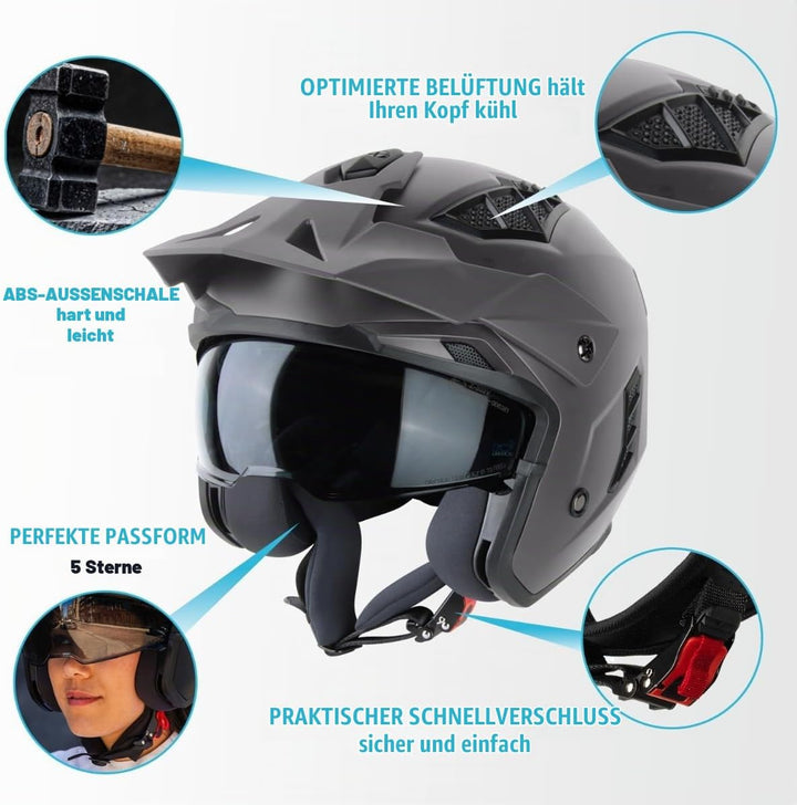 VINZ Kioto Jethelm / Streetfighter Helm | ECE 22.06 zugelassen | Rollerhelm mit Sonnenvisier / Sonne