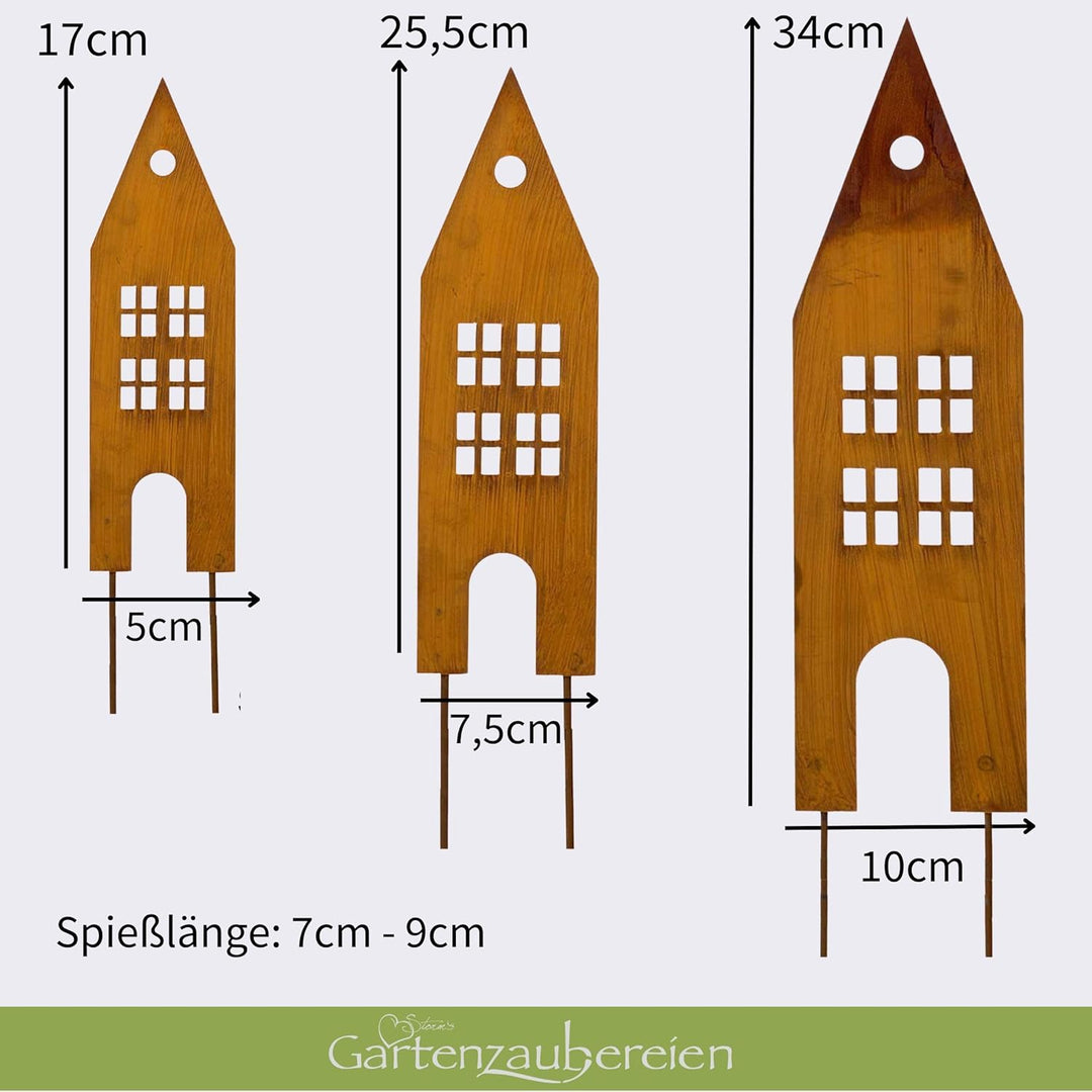 Storm's Gartenzaubereien Deko - Haus zum Stecken in Rostoptik 3er Set, Metall,Modern, Braun, Grün