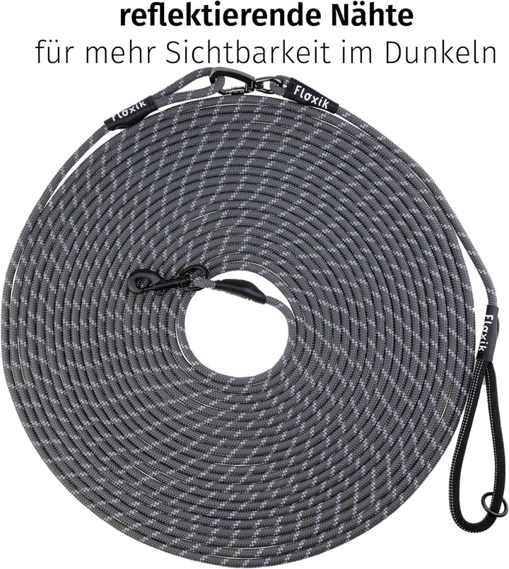 Floxik Schleppleine für Hunde | 5m, 10m, 15m, 20m grau | reflektierende Tauleine mit Abnehmbarer Han