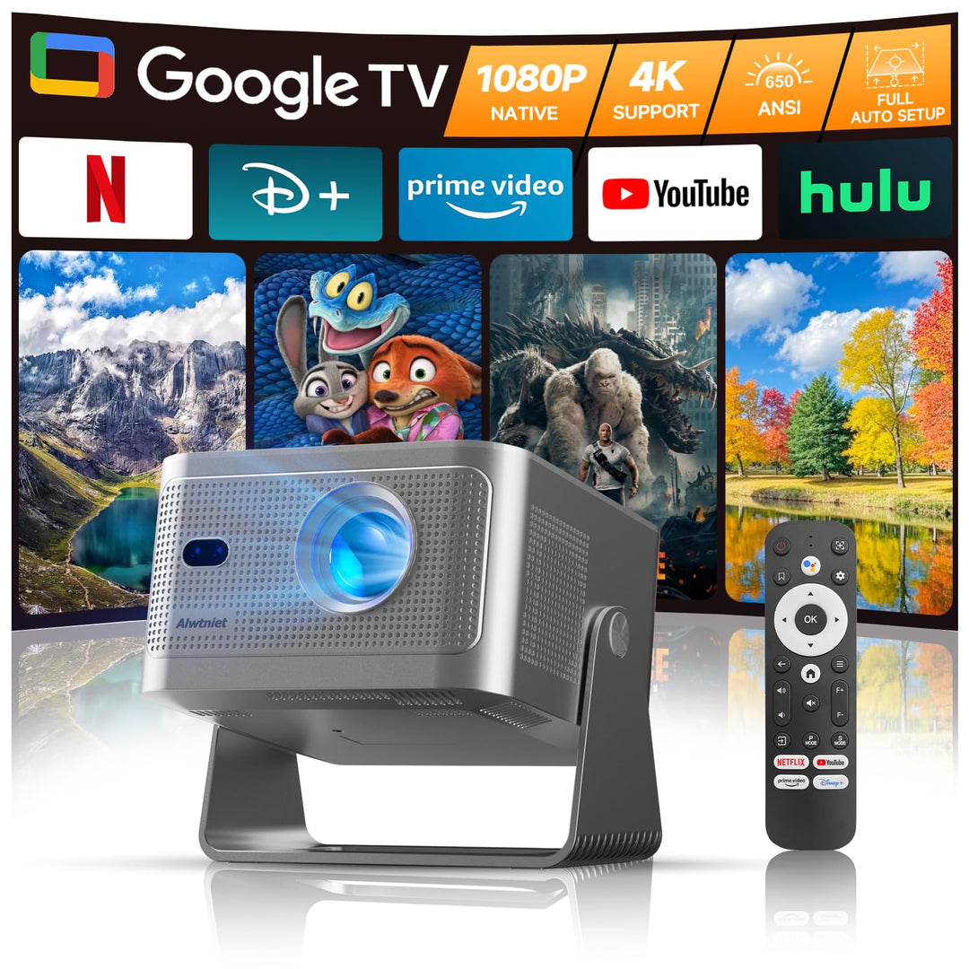 Alwtniet Beamer 4k Mit Google TV, Native Full Hd 1080p Mini Projector Heimkino Bluetooth WiFi Klein