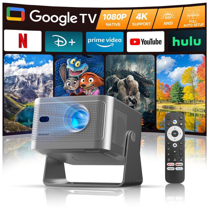 Alwtniet Beamer 4k Mit Google TV, Native Full Hd 1080p Mini Projector Heimkino Bluetooth WiFi Klein