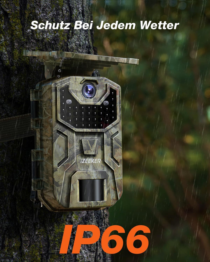 iZEEKER Solar Wildkamera, 2,7K/1520P 30fps 36MP Wildtierkamera mit 940 nm No Glow Infrarot LEDs, Wil