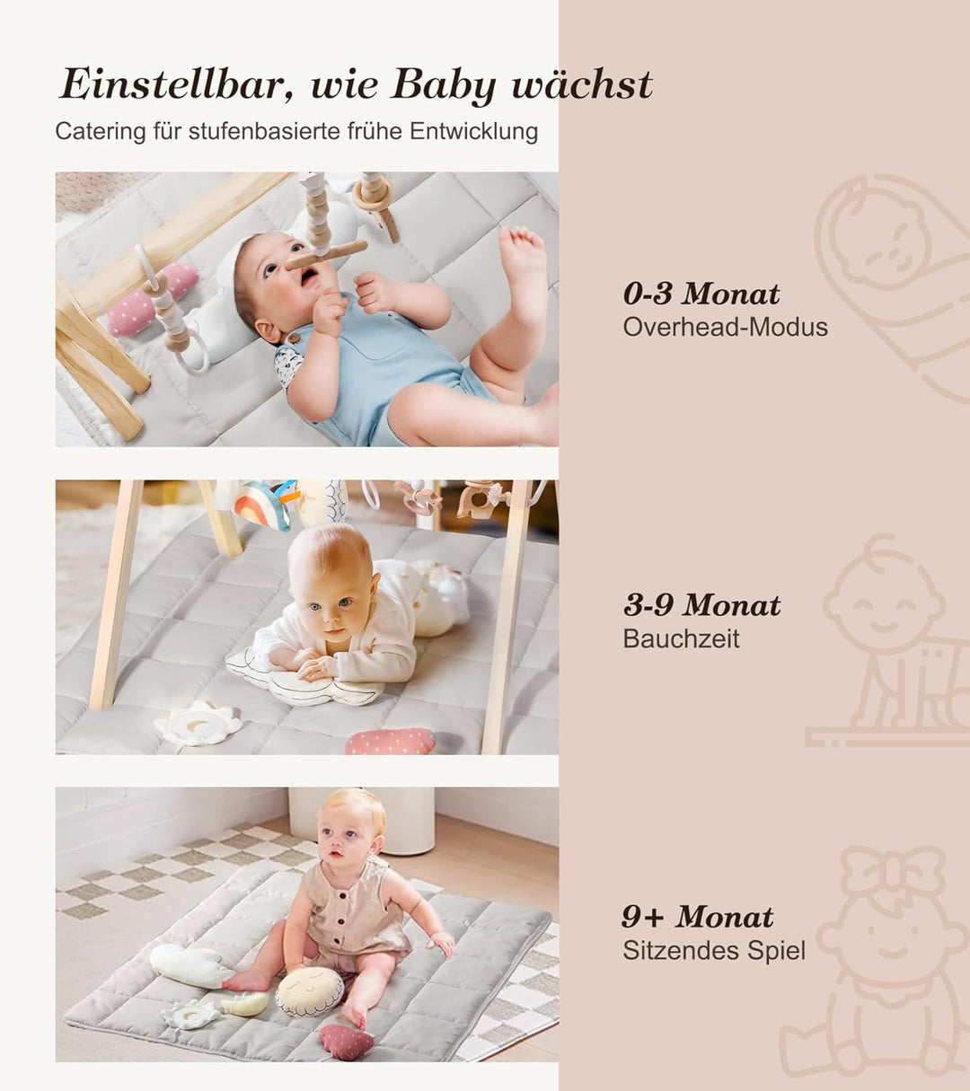 Mallify Baby Spielbogen mit Matte, Holzspielzeug mit 9 Sensorischen Spielzeugen, Faltbares Baby-Spie