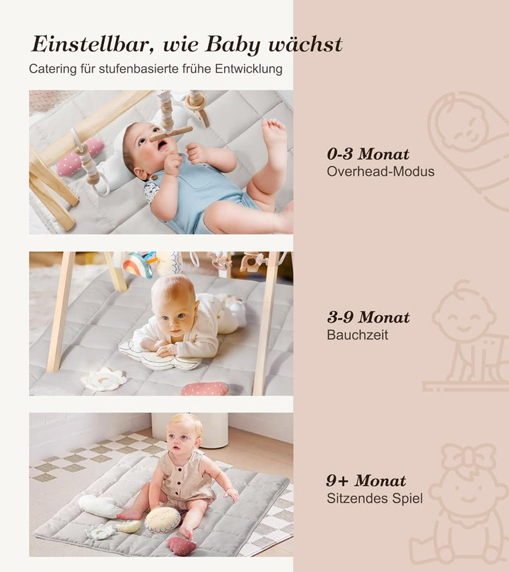 Mallify Baby Spielbogen mit Matte, Holzspielzeug mit 9 Sensorischen Spielzeugen, Faltbares Baby-Spie