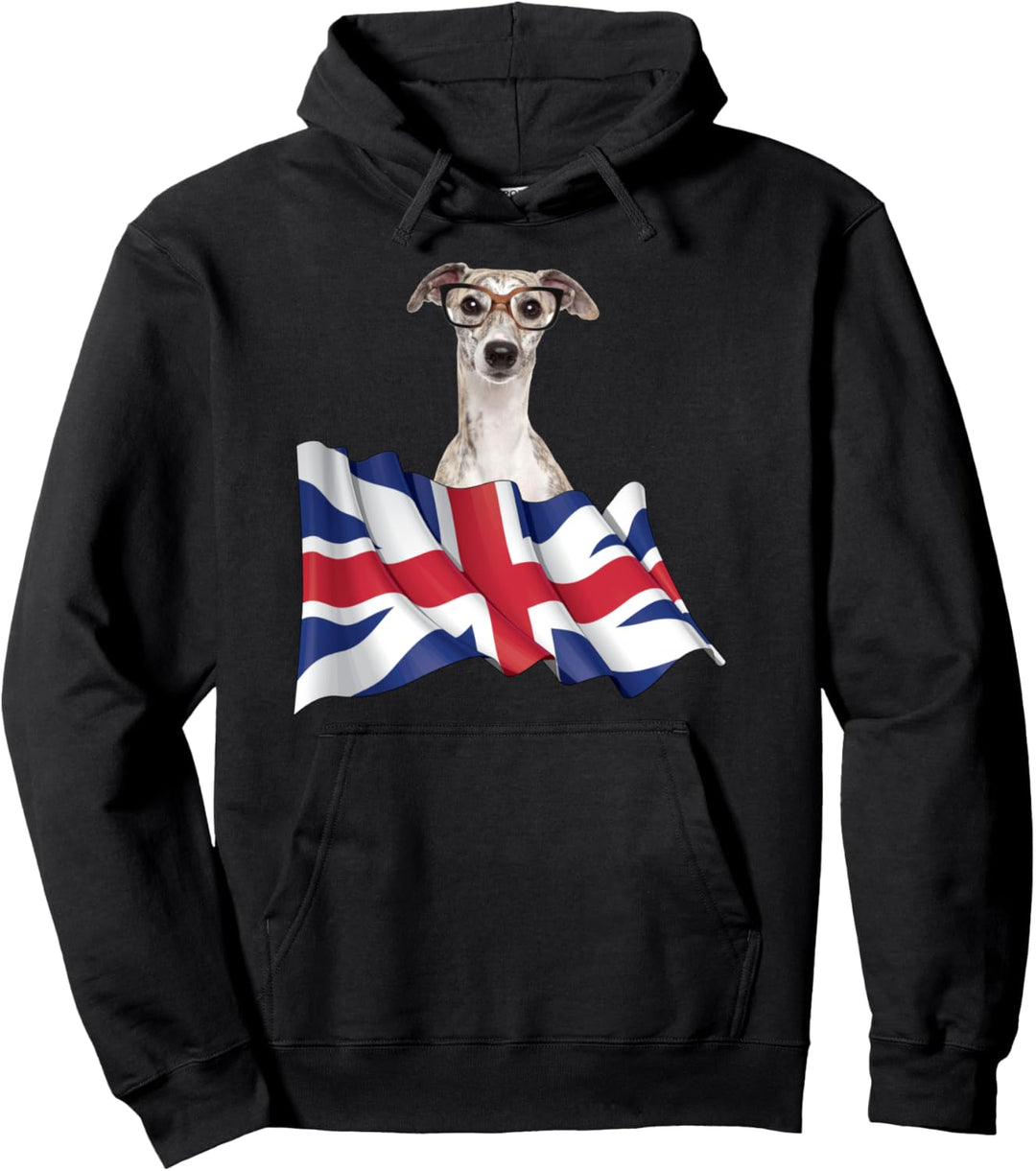 Union Jack Flag Dog Greyhound w Glasses Pullover Hoodie
