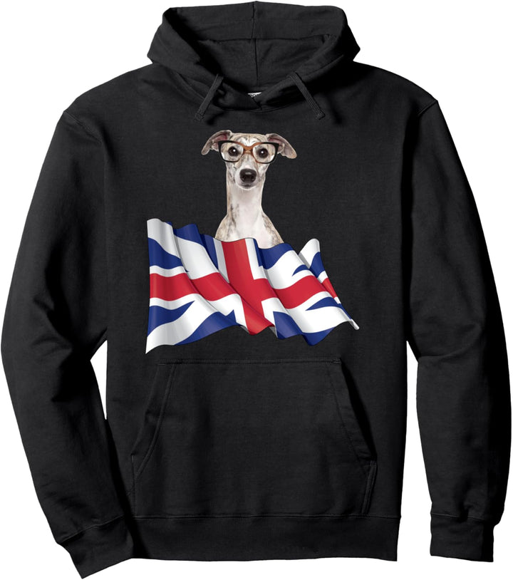 Union Jack Flag Dog Greyhound w Glasses Pullover Hoodie