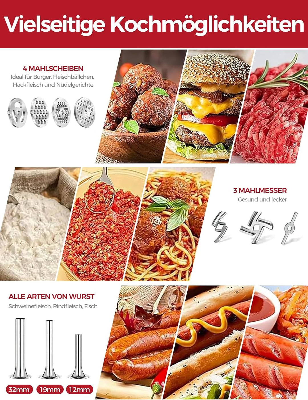 Fleischwolf Aufsatz für KitchenAid Standmixer, Edelstahl Fleischwolf Aufsatz Enthält Wurstfüller, Re