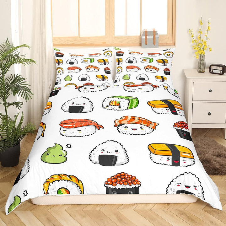 Loussiesd Sushi Muster Bettbezug Set Japanischer Stil Bettwäsche Set 135x200cm für Kinder Jungen Mäd