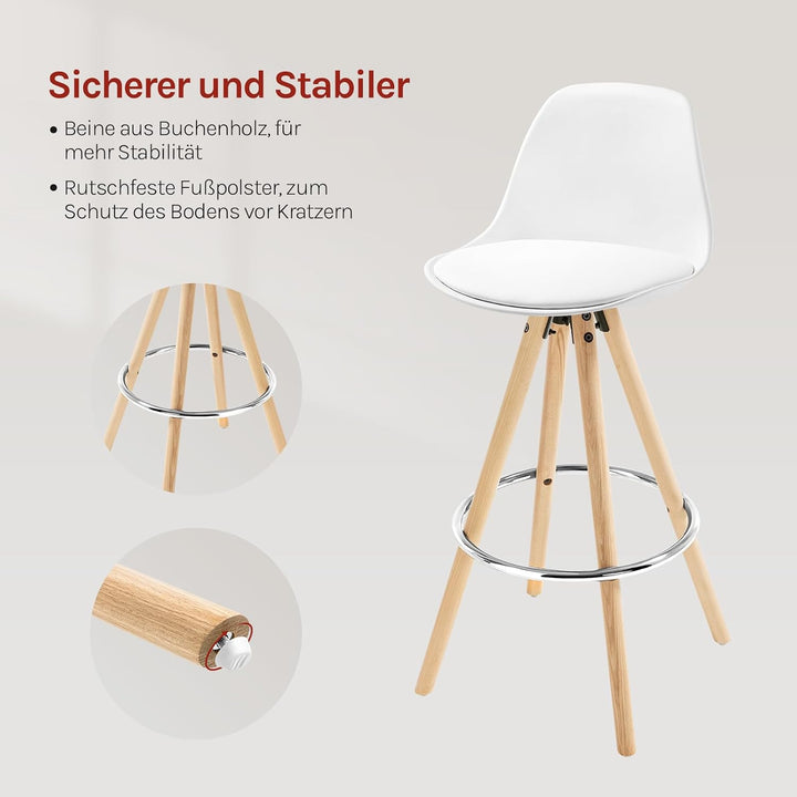 WOLTU Barhocker 2er Set, mit Lehne, Kunstleder+Holz, Weiss | Barstuhl mit Fussstütze, Design Stuhl 7