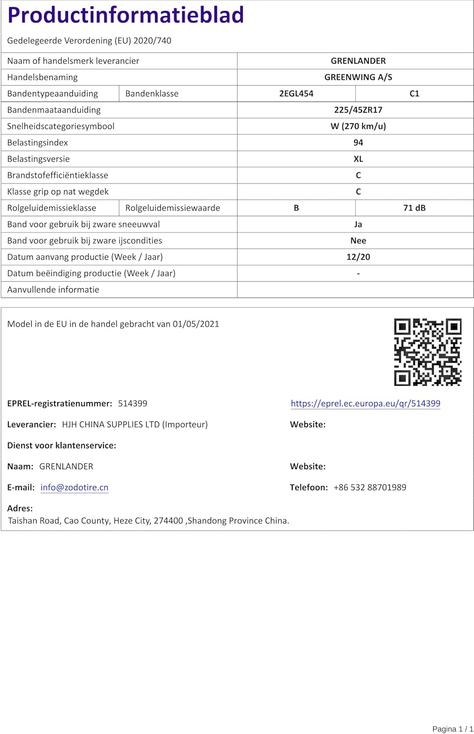 Grenlander Greenwing AS 3PMSF 225/45 R17 94W Ganzjahresreifen GTAM T275231 ohne Felge