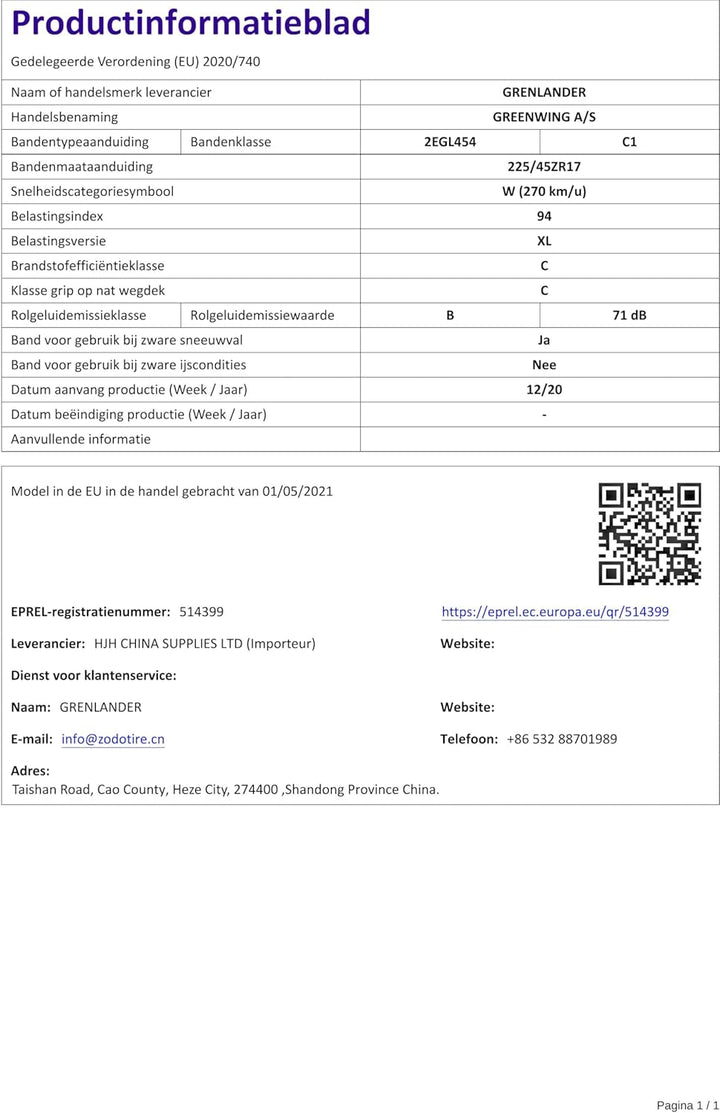 Grenlander Greenwing AS 3PMSF 225/45 R17 94W Ganzjahresreifen GTAM T275231 ohne Felge