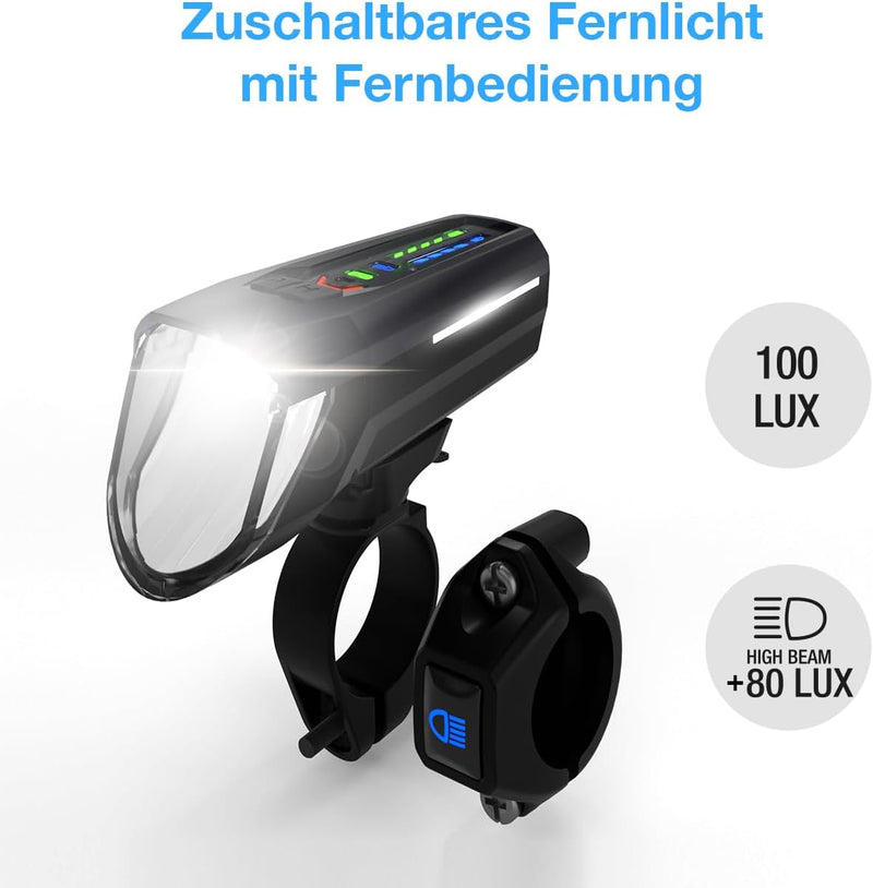 FISCHER Fahrrad LED-Frontlicht 100 Lux Fernlicht, mit Sensormodus, spritzwassergeschütztes Gehäuse,