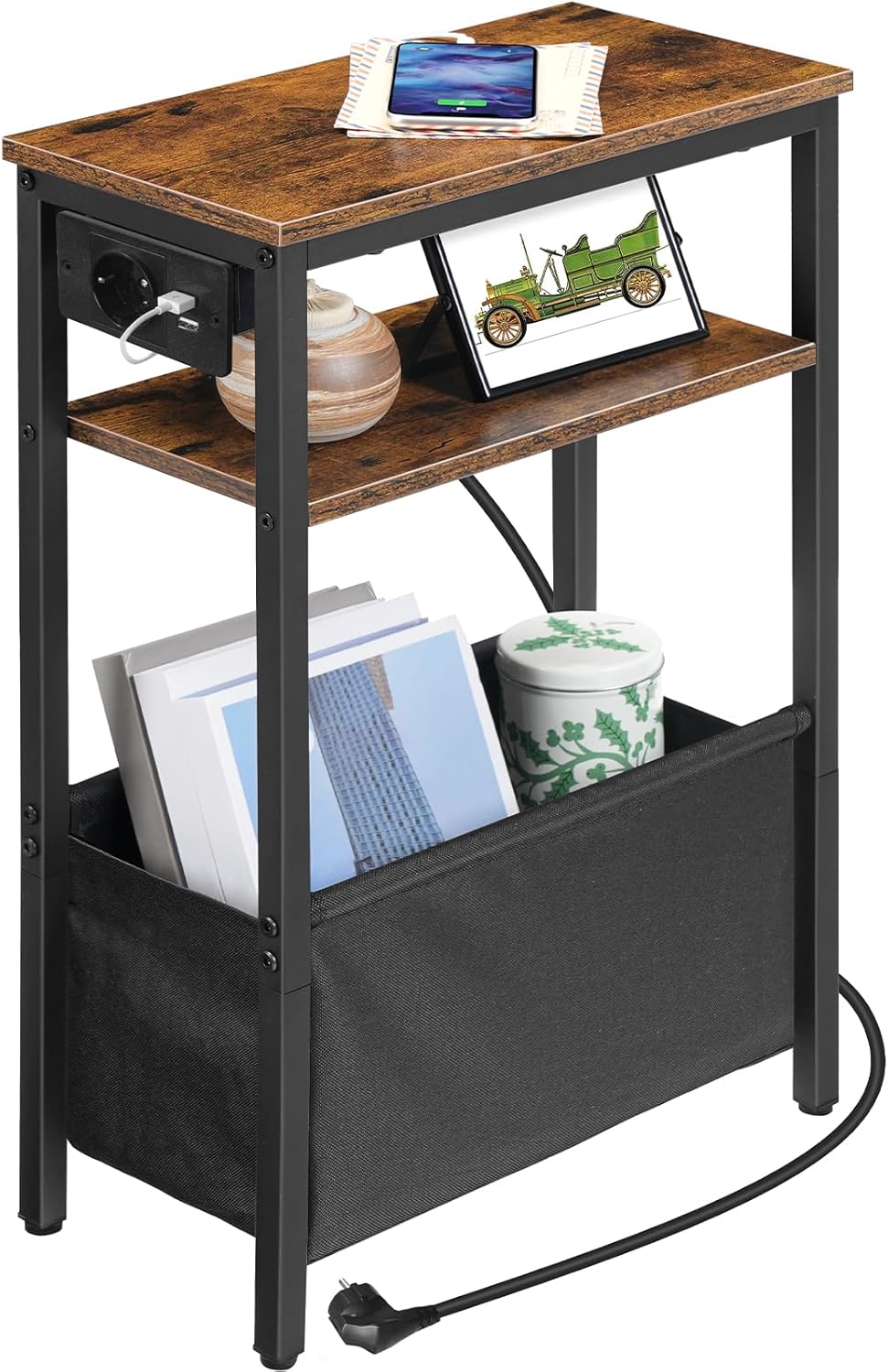 HOOBRO Beistelltisch mit Ladestation, Nachttisch mit Stauraum, Sofatisch mit Steckdose und USB-Ansch