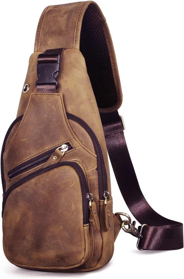Le'aokuu Herren Echtes Leder Brusttasche Umhängetasche Sport Outdoor Messenger Bag Wanderrucksäcke（8