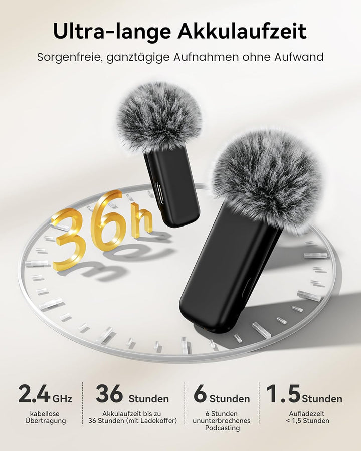 Kabelloses Lavalier Mikrofon mit Ladekoffer, 36h Akkulaufzeit, Rauschunterdrückung, 40m Reichweite,