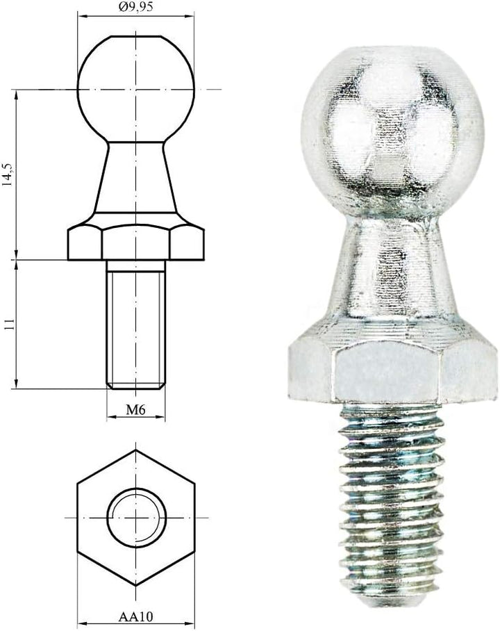 LST Kugelgelenk Zapfen Gasdruckfeder M6 Gewinde 10mm Kugelkopf DIN71803