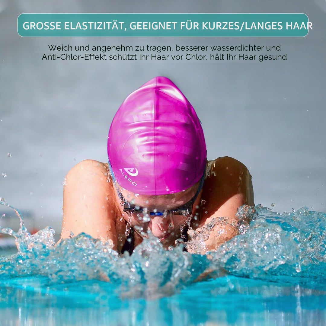 Alepo 2 Pack Unisex Badekappen Damen Herren mit 3D-Ohrenschutz, Schwimmkappe Langlebige Flexible Sil